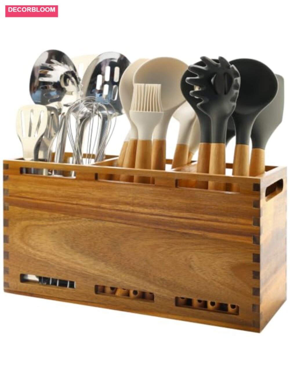 Acacia Wood Utensil Holder 3 Compartment Kitchen Counter Organizer
